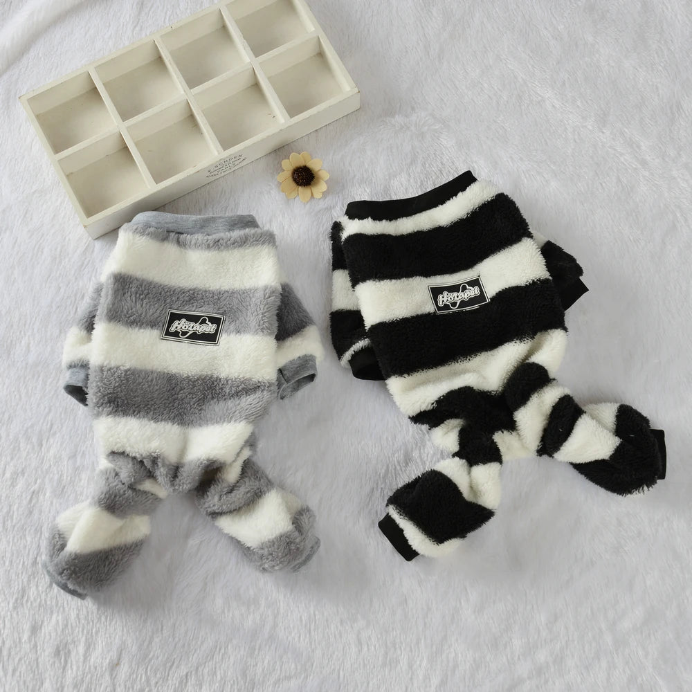 Soft Cozy Dog Clothes For Small Dogs Cat Stripe Fleece Winter Warm Puppy Sweatshirts Jumpsuit Chihuahua Pug Puppy Hooded Coat