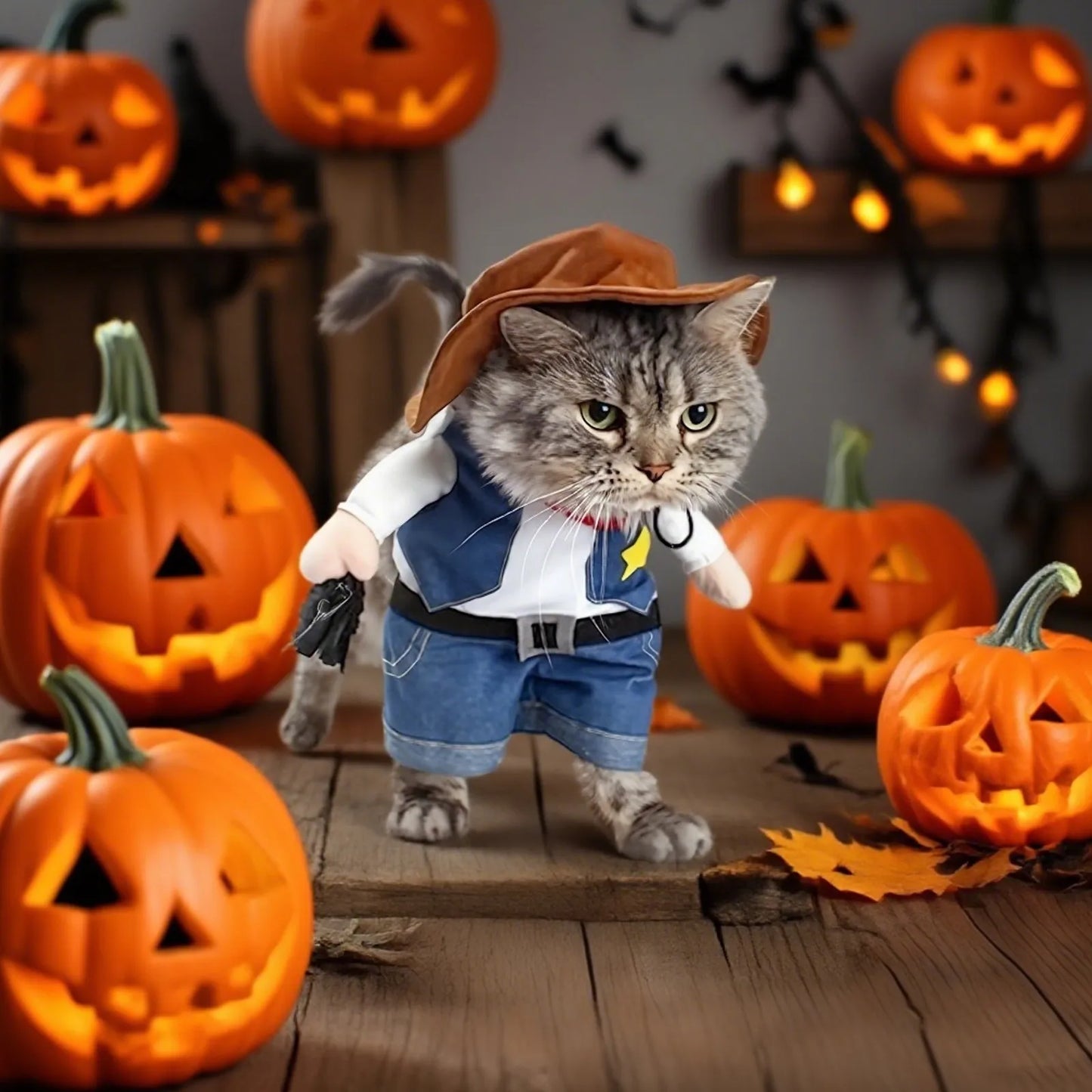 Pet Cat Cowboy Costume Funny Halloween Cat Costume Halloween Pet Jumpsuit*1 Red Scarf*1 Hat Set Cosplay Cat Accessories