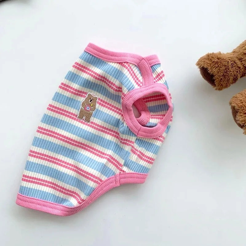 Dog Vest Puppy Clothes Summer Pet Clothing Cotton Bear Print T-Shirt Striped Dog Shirt Chihuahua Korean Style Girls Dog Costume