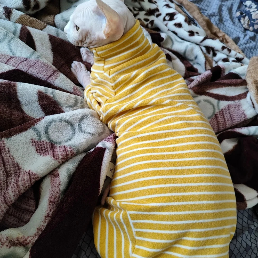 Winter Clothes for Cat, Stripped Cotton 4-legged Coat For Sphnx,Long sleeves Undershirt for Kittens, Devon Rex Jumpsuit