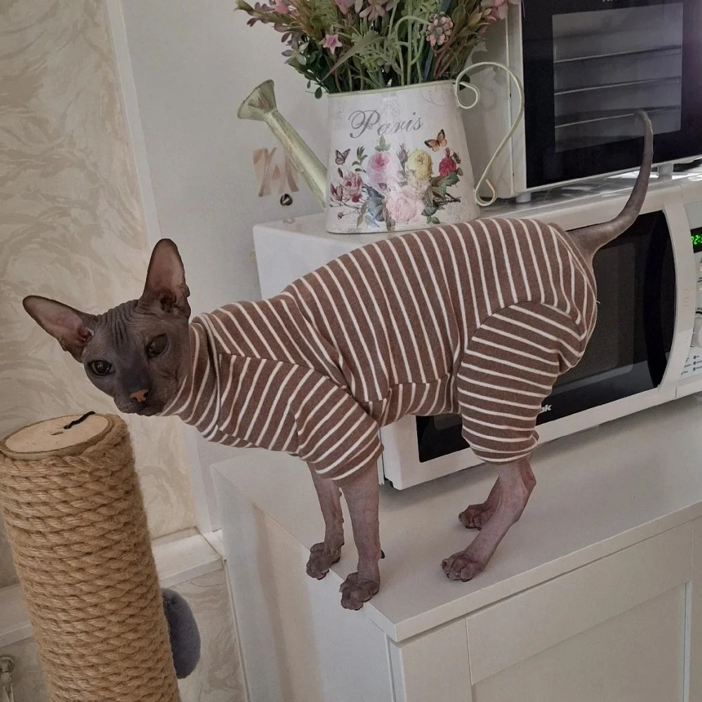 Winter Clothes for Cat, Stripped Cotton 4-legged Coat For Sphnx,Long sleeves Undershirt for Kittens, Devon Rex Jumpsuit