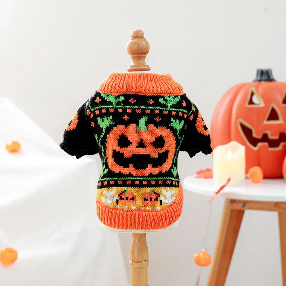 Autumn Winter Halloween Pet Clothes Warm Knitted Cute Orange Pumpkin Pattern Outfit For Small Dogs Cats Sweater Party Costume