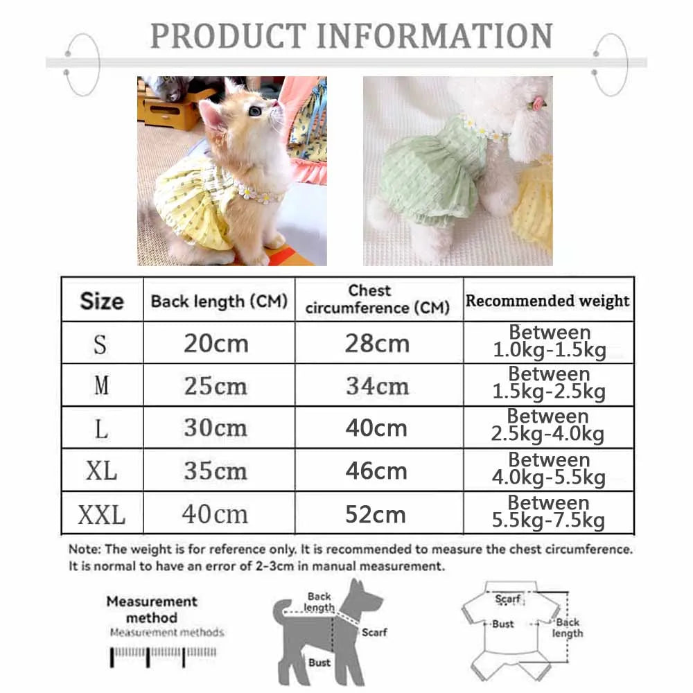 Pretty Small Cat Dress Summer Cute Small Dog Skirt Thin Yellow Floral Wreath Collar Mini Puppy Princess Dress Breathe Cat Skirt