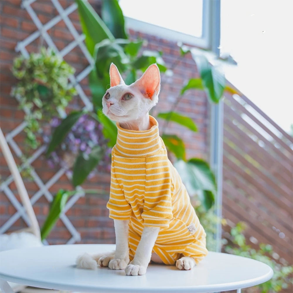 Winter Clothes for Cat, Stripped Cotton 4-legged Coat For Sphnx,Long sleeves Undershirt for Kittens, Devon Rex Jumpsuit