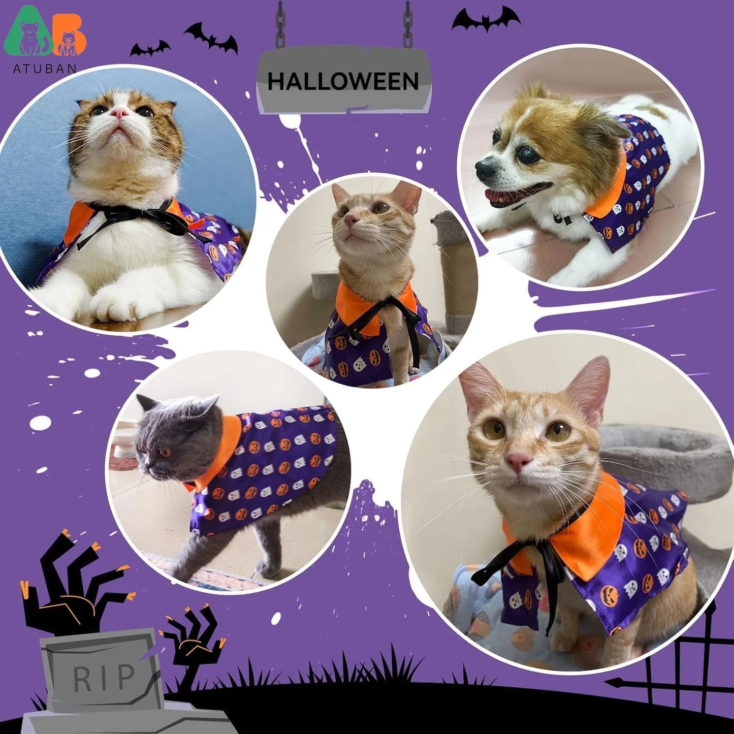 ATUBAN Cat Halloween Costumes,Wizard Cloak Vampire Cat Apparel,Small Dog Witch Clothes Cosplay Outfit for Halloween Themed Party