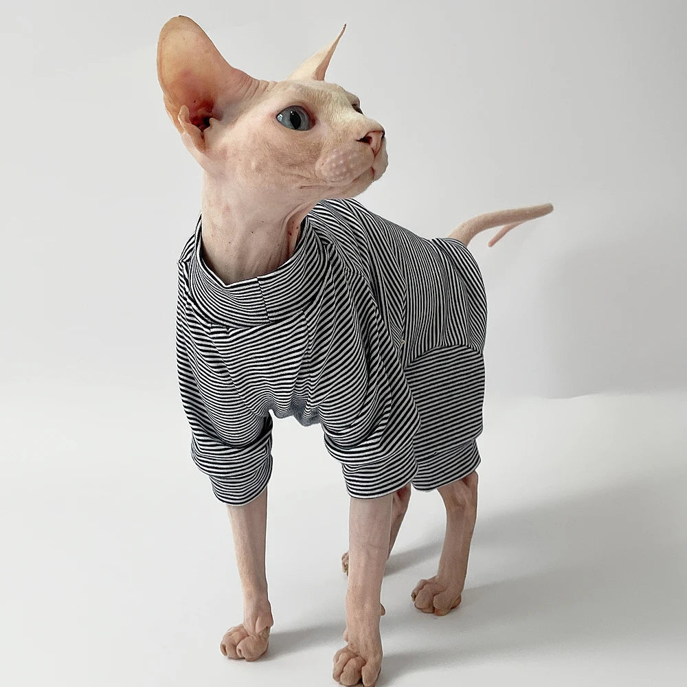 Sphynx Cat Clothes Leisure Stripe 4-legged Cotton Comfortable Hairless Cat Outfits Soft Winter Warm Devon Kornish Cat Clothes