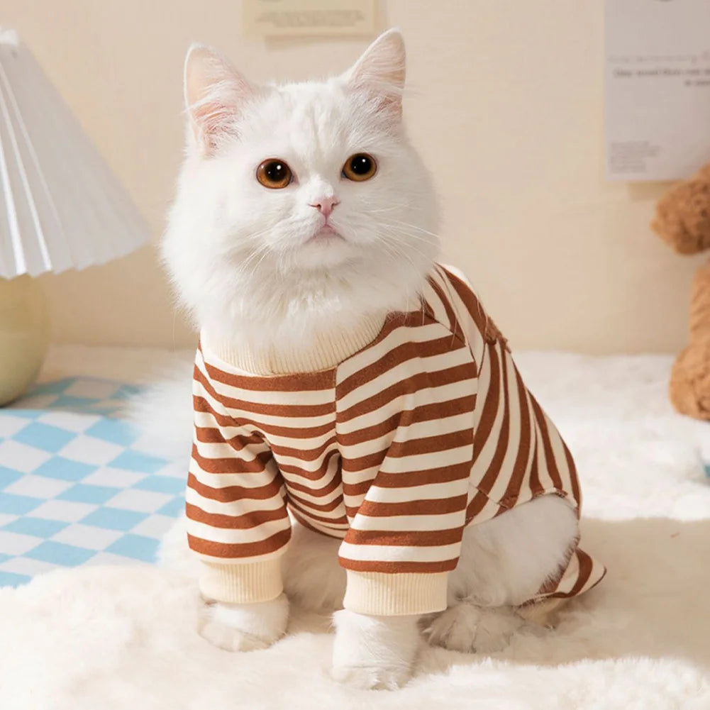 Kawaii Pet Clothes for Spring Summer Autumn Medium Small Cat Pet Cat Striped Jumpsuit Cute Cartoon Pattern Kitten Romper Pyjama
