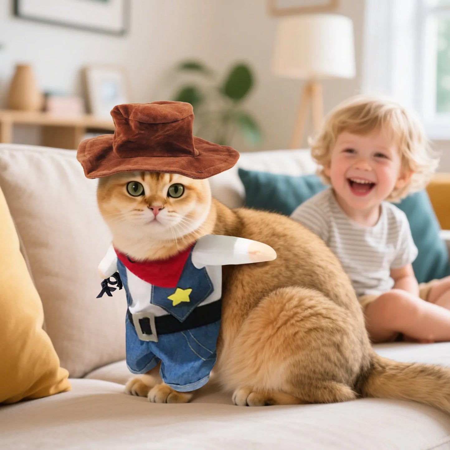 Pet Cat Cowboy Costume Funny Halloween Cat Costume Halloween Pet Jumpsuit*1 Red Scarf*1 Hat Set Cosplay Cat Accessories