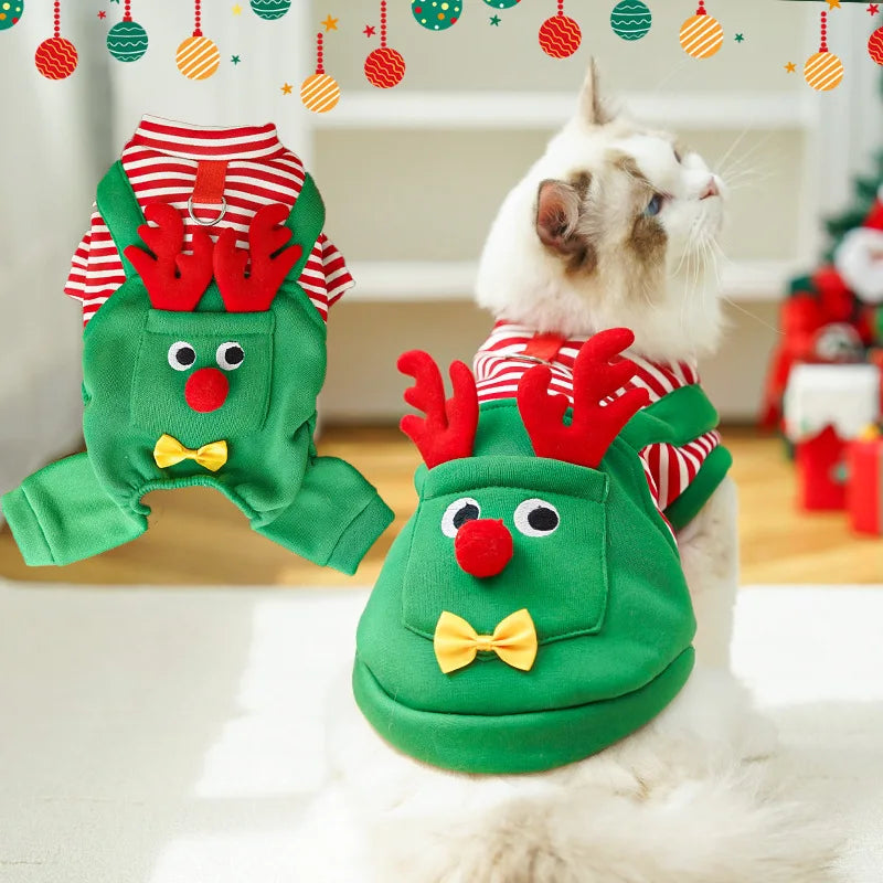 Christmas Elk Warm Jumpsuits Winter Fleece Pet Overalls for Small Medium Dogs Cats Clothes Puppy Pajamas Christmas Teddy Outfit