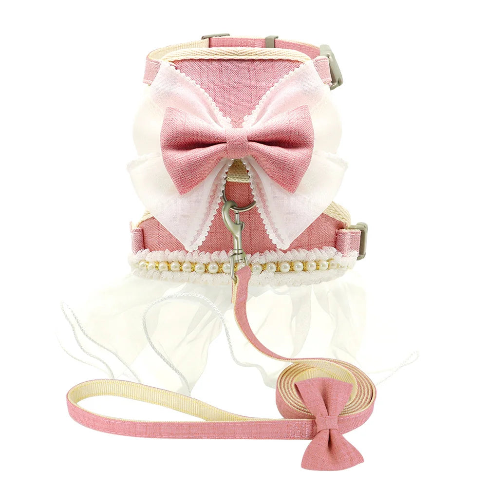 Nylon Cat Harness Leash Set Cute Bowknot Cat Dress Pet Puppy Kittten Party Princess Costumes Harnesses For Small Dogs Cats Pink