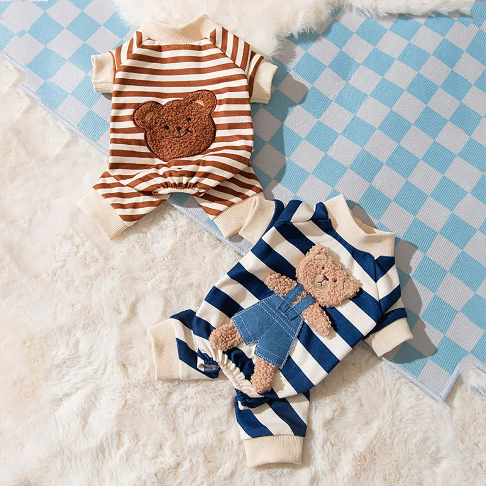 Kawaii Pet Clothes for Spring Summer Autumn Medium Small Cat Pet Cat Striped Jumpsuit Cute Cartoon Pattern Kitten Romper Pyjama