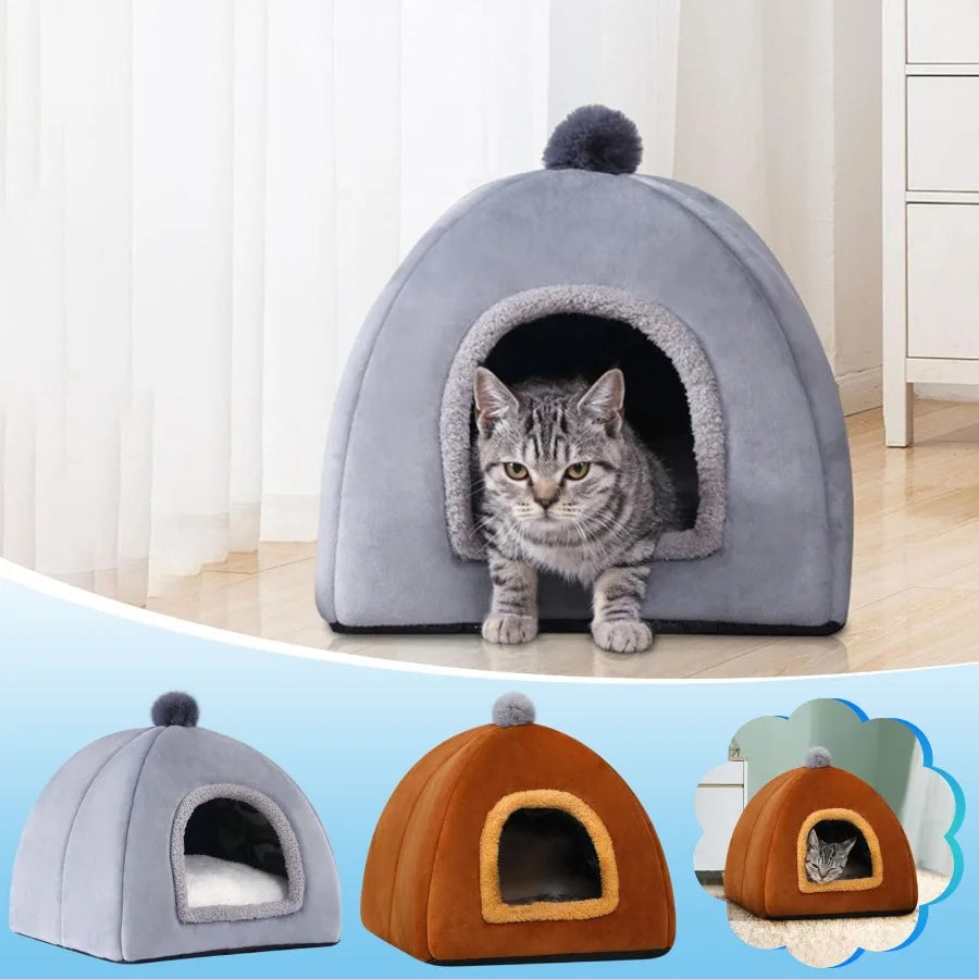 Winter Warm Cat House Bed with Soft Foldable Sleeping Mat Pad for Cats and Small Dogs Cozy Cute Pet Tent Bed with Compact 11x11