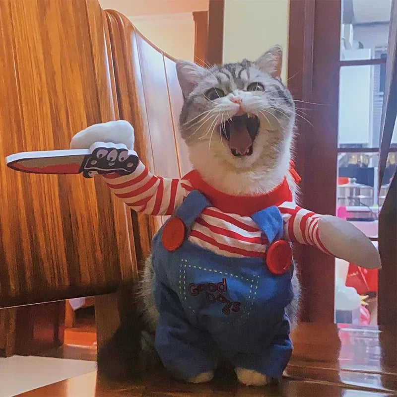 Funny Halloween Pet Costume Cat Cosplay Clothes Holding Knife Puppy Kitten Festival Dress Up Apparel Shirt Cats Dogs Party Gifts