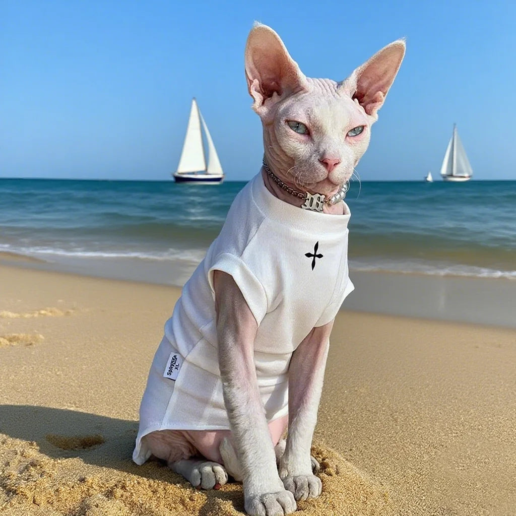 Sphynx Cat Clothes Winter Black Cotton T-Shirts , Pullover Kitten Shirts with Short-Sleeve, Hairless Pajamas Apparel for Cats