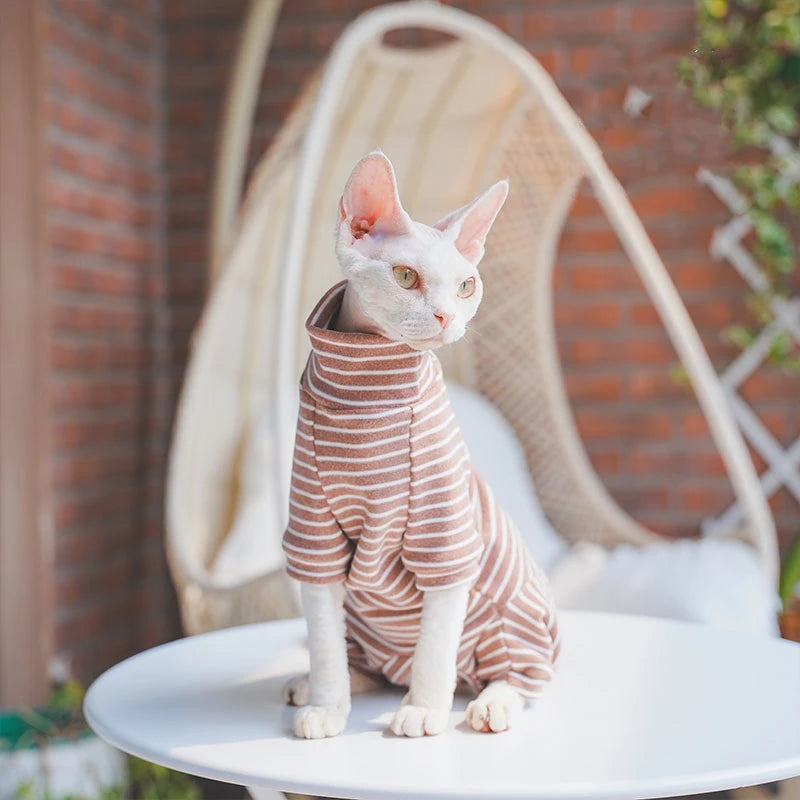 Winter Clothes for Cat, Stripped Cotton 4-legged Coat For Sphnx,Long sleeves Undershirt for Kittens, Devon Rex Jumpsuit