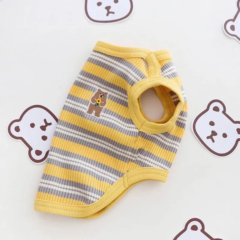 Dog Vest Puppy Clothes Summer Pet Clothing Cotton Bear Print T-Shirt Striped Dog Shirt Chihuahua Korean Style Girls Dog Costume