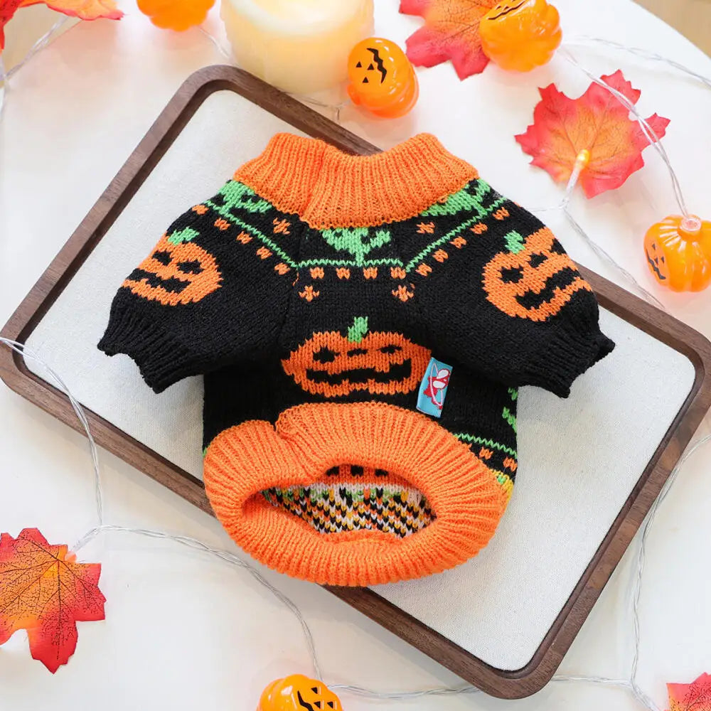 Autumn Winter Halloween Pet Clothes Warm Knitted Cute Orange Pumpkin Pattern Outfit For Small Dogs Cats Sweater Party Costume