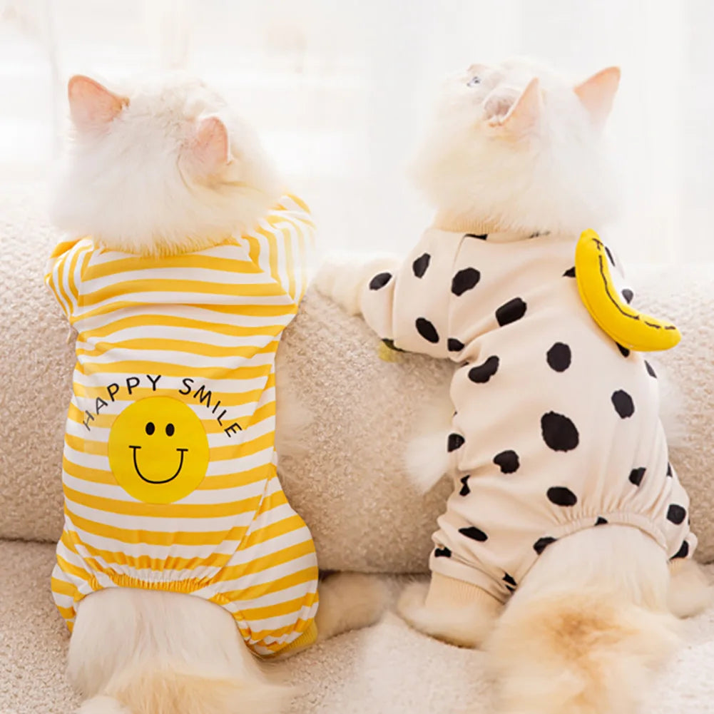 Kawaii Pet Clothes for Spring Summer Autumn Medium Small Cat Pet Cat Striped Jumpsuit Cute Cartoon Pattern Kitten Romper Pyjama