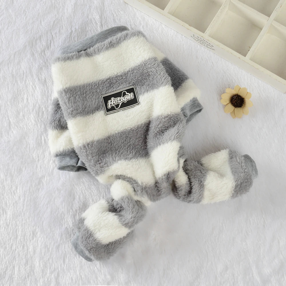 Soft Cozy Dog Clothes For Small Dogs Cat Stripe Fleece Winter Warm Puppy Sweatshirts Jumpsuit Chihuahua Pug Puppy Hooded Coat
