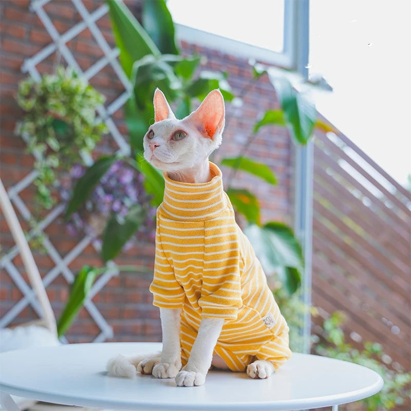 Winter Clothes for Cat, Stripped Cotton 4-legged Coat For Sphnx,Long sleeves Undershirt for Kittens, Devon Rex Jumpsuit