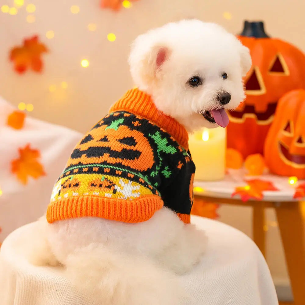 Autumn Winter Halloween Pet Clothes Warm Knitted Cute Orange Pumpkin Pattern Outfit For Small Dogs Cats Sweater Party Costume