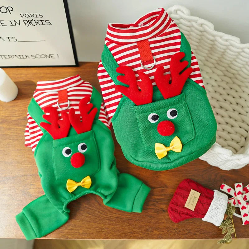 Christmas Elk Warm Jumpsuits Winter Fleece Pet Overalls for Small Medium Dogs Cats Clothes Puppy Pajamas Christmas Teddy Outfit