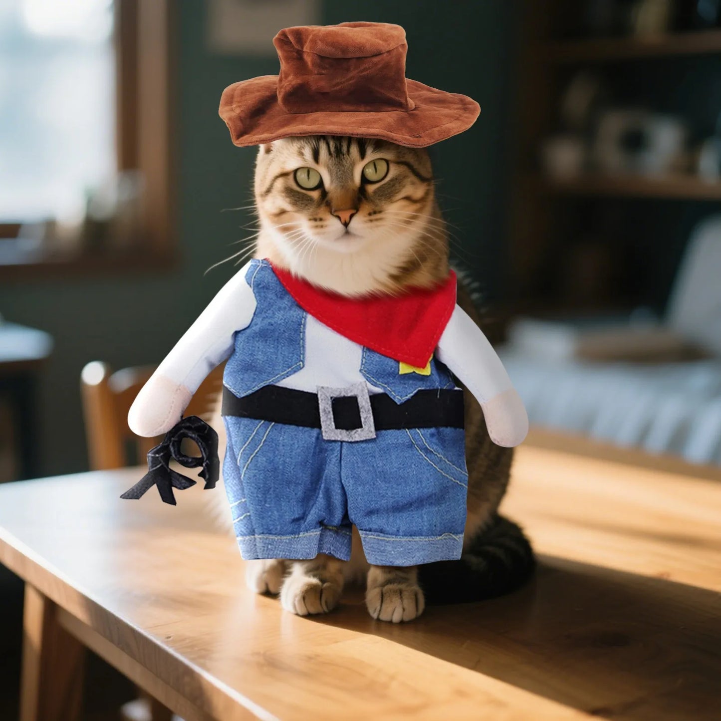 Pet Cat Cowboy Costume Funny Halloween Cat Costume Halloween Pet Jumpsuit*1 Red Scarf*1 Hat Set Cosplay Cat Accessories