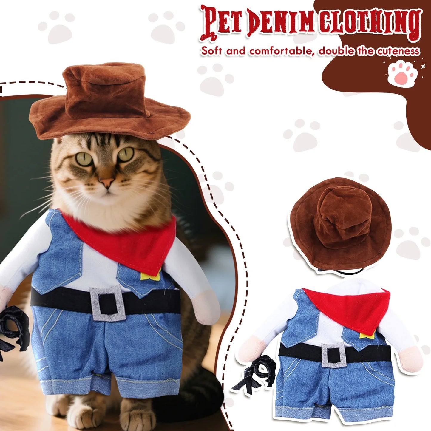 Pet Cat Cowboy Costume Funny Halloween Cat Costume Halloween Pet Jumpsuit*1 Red Scarf*1 Hat Set Cosplay Cat Accessories