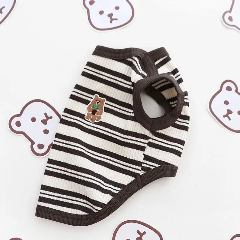 Dog Vest Puppy Clothes Summer Pet Clothing Cotton Bear Print T-Shirt Striped Dog Shirt Chihuahua Korean Style Girls Dog Costume