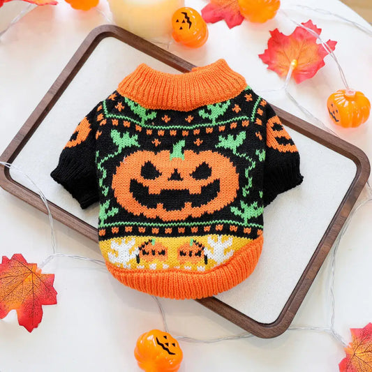 Autumn Winter Halloween Pet Clothes Warm Knitted Cute Orange Pumpkin Pattern Outfit For Small Dogs Cats Sweater Party Costume