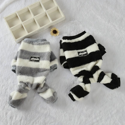Soft Cozy Dog Clothes For Small Dogs Cat Stripe Fleece Winter Warm Puppy Sweatshirts Jumpsuit Chihuahua Pug Puppy Hooded Coat