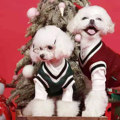 Winter Warm Pet Dog Sweater College Style V-neck Knitwear Christmas For Small Dogs Kitten Pullover Puppy Vest Kitty Outfits