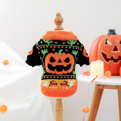 Autumn Winter Halloween Pet Clothes Warm Knitted Cute Orange Pumpkin Pattern Outfit For Small Dogs Cats Sweater Party Costume