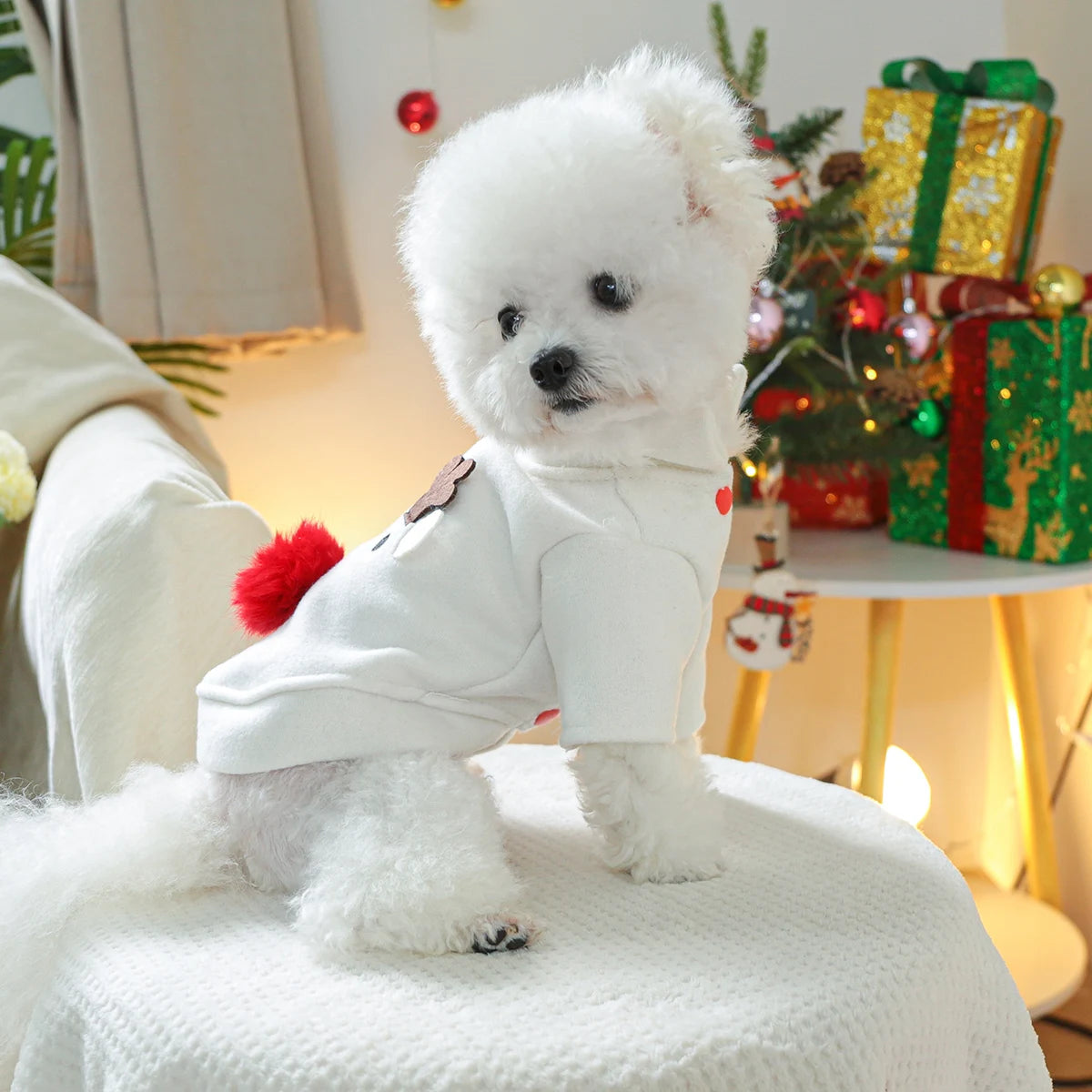 1PC Pet Clothes Dog Cat Christmas Style Autumn Thickened Warm White Snowman Patch Open Button Jacket