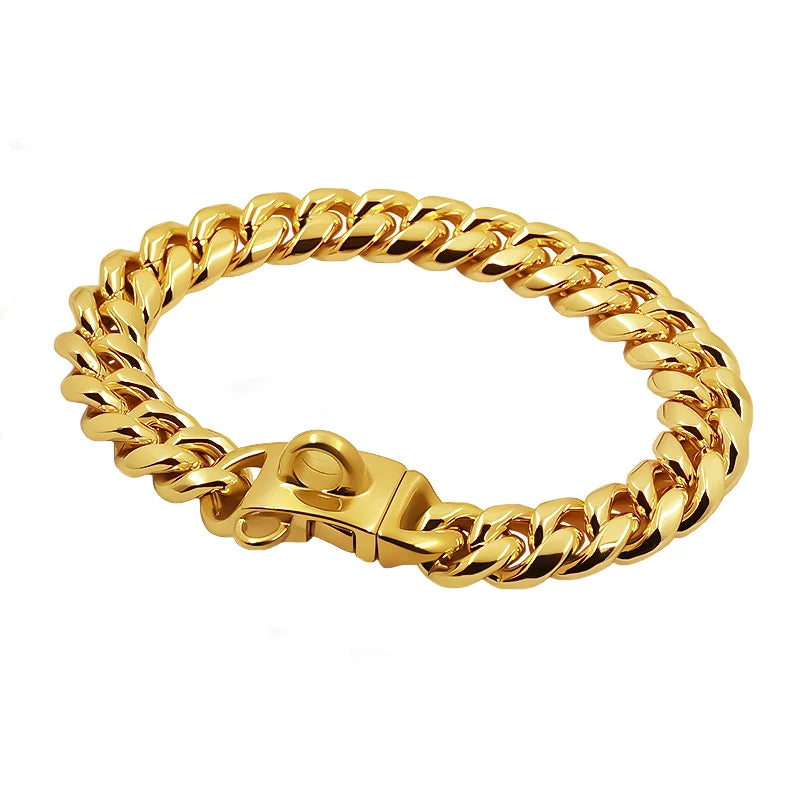 Metal Dog Collar Stainless Steel Pet Choker Gold Cuban Link Chain 14mm Wide Lead for Small Medium Large Dogs Pet Accessories