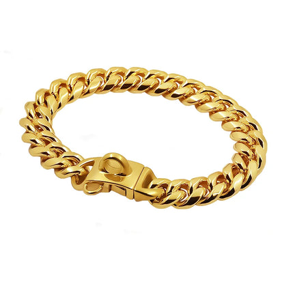 Metal Dog Collar Stainless Steel Pet Choker Gold Cuban Link Chain 14mm Wide Lead for Small Medium Large Dogs Pet Accessories