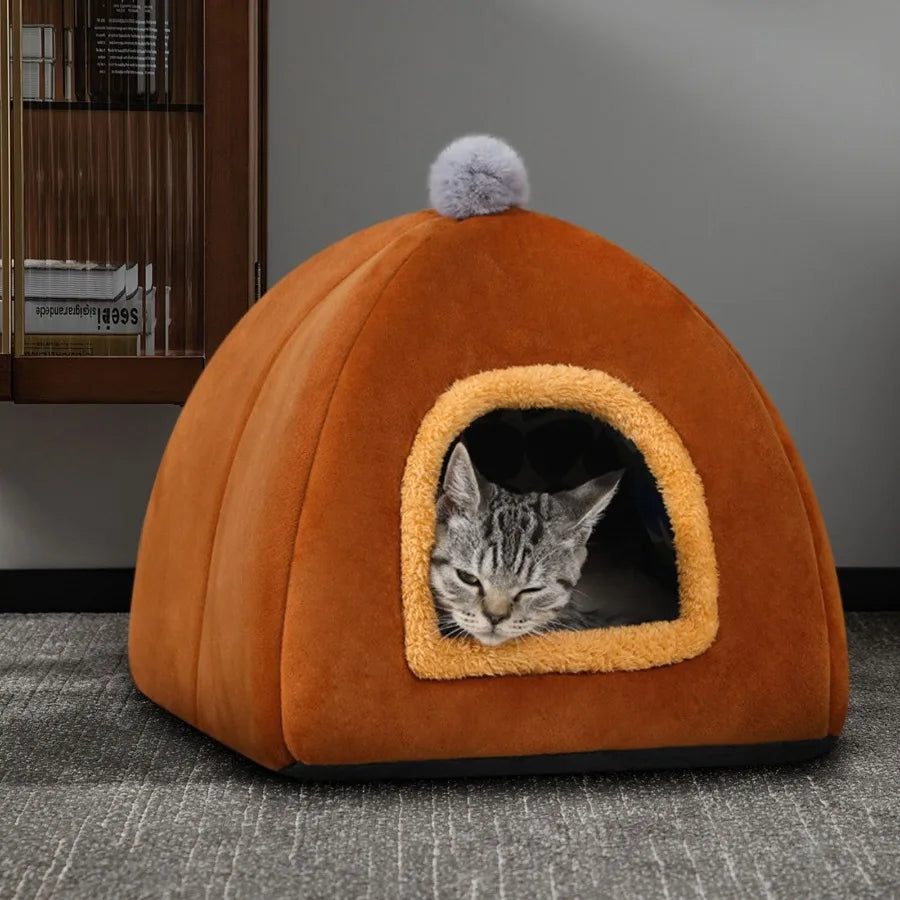 Winter Warm Cat House Bed with Soft Foldable Sleeping Mat Pad for Cats and Small Dogs Cozy Cute Pet Tent Bed with Compact 11x11