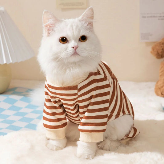 Kawaii Pet Clothes for Spring Summer Autumn Medium Small Cat Pet Cat Striped Jumpsuit Cute Cartoon Pattern Kitten Romper Pyjama
