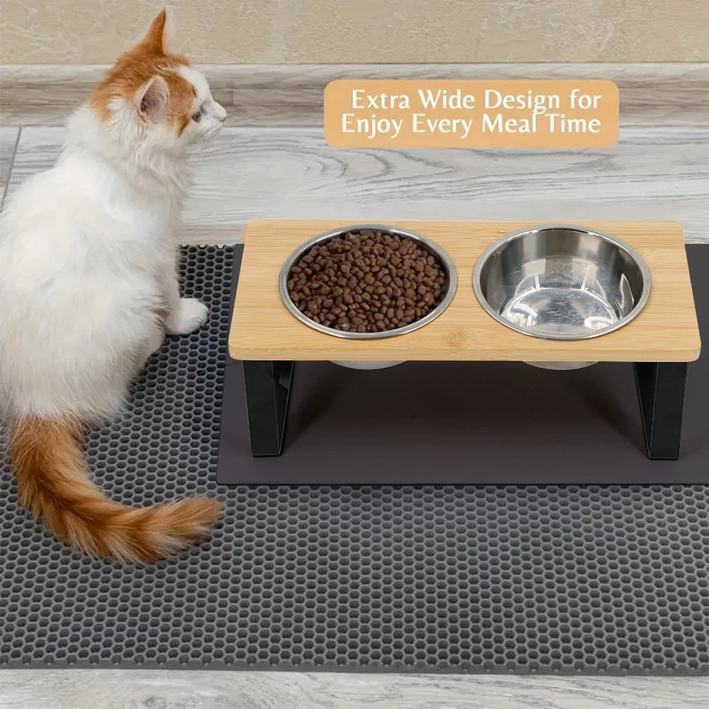 Elevated Cat Bowls 15° Tilted Raised Cat Food Bowls with Wooden Stand Anti Vomiting 2 Stainless Steel Bowls for Cats and Puppy