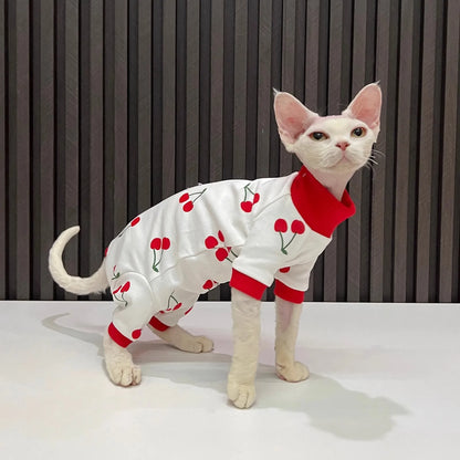 Cartoon quadruple cherry print hairless cat clothes sphynx cat devon all inclusive lint sleeved cat clothes