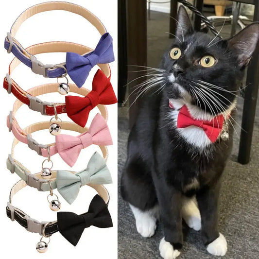 Bow Collar Solid Color Bowknot Puppy Chihuahua Adjustable Cats Accessories Safety Bell Tie Bow Buckle Pets with Collar New