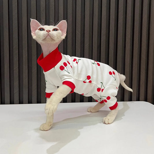 Cartoon quadruple cherry print hairless cat clothes sphynx cat devon all inclusive lint sleeved cat clothes