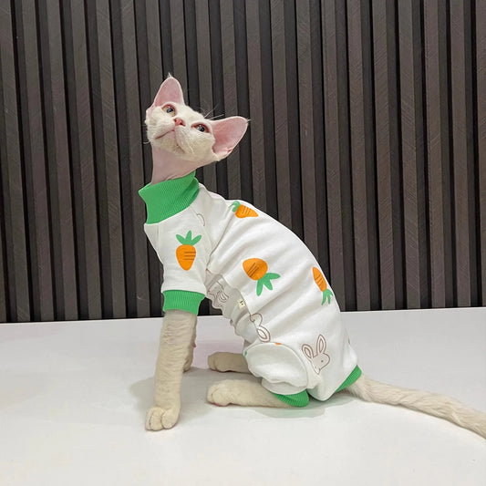 Cartoon four-legged clothes, carrots, bunny prints, hairless cat clothes, sphynx cats, devon, all-inclusive, hair-proof, sleeved