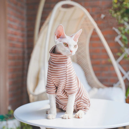 Winter Clothes for Cat, Stripped Cotton 4-legged Coat For Sphnx,Long sleeves Undershirt for Kittens, Devon Rex Jumpsuit