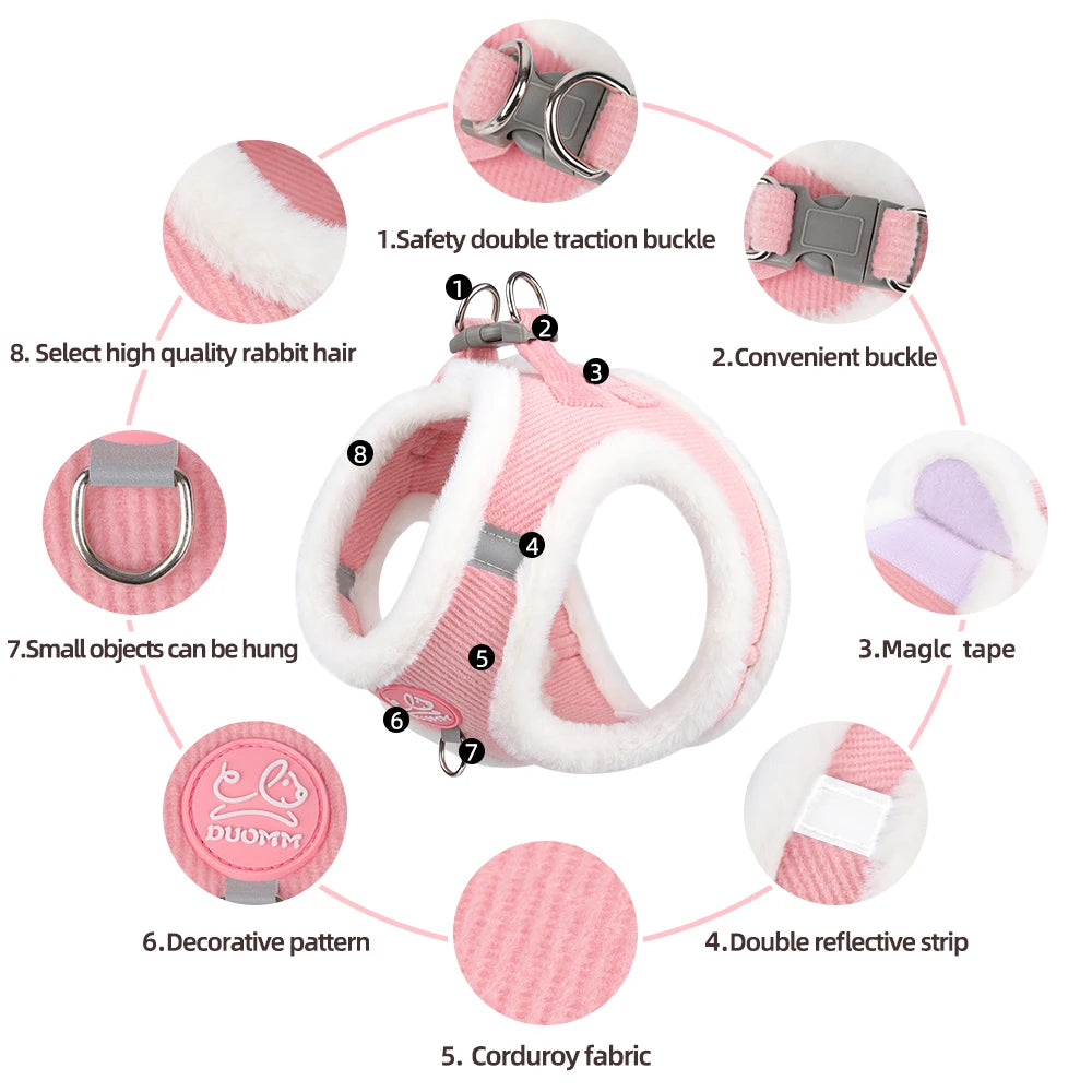 Cat Winter Small Dog Harness Leash Rabbit Plush Reflective Pet Harness Vest-Style Puppy Outdoor Dog Lead Walking Cat Windproof