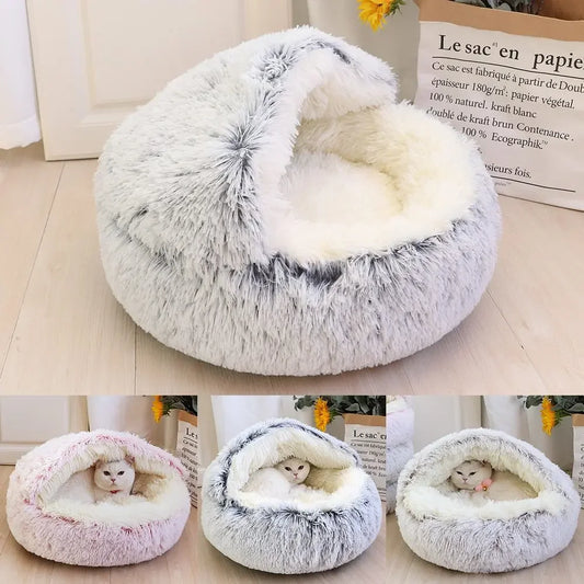 Soft Pet Bed with Cover Warm Long Plush Pet Bed Comfortable Pets Sleeping Bag Enclosed Round Cat Cushion Kennel Small Cats Nest