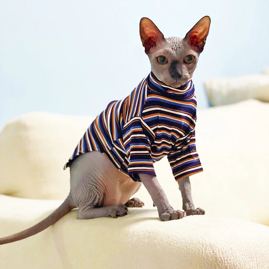 New Sphinx Devon Hairless Cat Clothes For Kitten Knitted Striped High Collar Cat Clothing Spring Autumn Kitty Costume For Pet