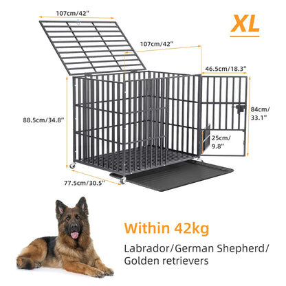 XXL Large Heavy Duty Dog Crate Strong Pet Cage Tear Resistant Square Tube Metal Kennel Playpen with Lockable Wheels and Tray
