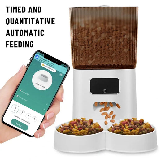 Smart Pet Feeder with Dual Bowls - 5L Transparent Storage, WiFi APP Control, Automatic Timed Dispensing for Cats & Dogs, Battery