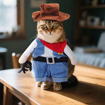 Pet Cat Cowboy Costume Funny Halloween Cat Costume Halloween Pet Jumpsuit*1 Red Scarf*1 Hat Set Cosplay Cat Accessories